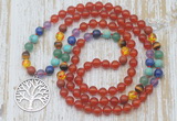 GMN6141 Knotted 7 Chakra 8mm, 10mm red agate 108 beads mala necklace with charm