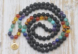 GMN6143 Knotted 7 Chakra 8mm, 10mm black lava 108 beads mala necklace with charm