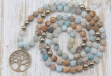 GMN6144 Knotted 8mm, 10mm matte amazonite & picture jasper 108 beads mala necklace with charm