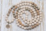 GMN6145 Knotted 8mm, 10mm white fossil jasper & picture jasper 108 beads mala necklace with charm