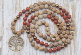 GMN6146 Knotted 8mm, 10mm matte picture jasper & red jasper 108 beads mala necklace with charm