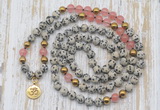 GMN6147 Knotted 8mm, 10mm dalmatian jasper & cherry quartz 108 beads mala necklace with charm