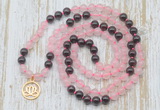 GMN6152 Knotted 8mm, 10mm rose quartz & garnet 108 beads mala necklace with charm