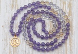 GMN6153 Knotted 8mm, 10mm amethyst, citrine & white crystal 108 beads mala necklace with charm