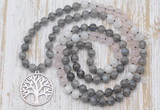 GMN6156 Knotted 8mm, 10mm labradorite, rose quartz & white moonstone 108 beads mala necklace with charm