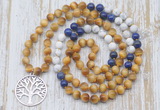 GMN6157 Knotted 8mm, 10mm golden tiger eye, lapis lazuli & matte white howlite 108 beads mala necklace with charm