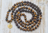 GMN6158 Knotted 8mm, 10mm yellow tiger eye, garnet & smoky quartz 108 beads mala necklace with charm