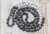 GMN6159 Knotted 8mm, 10mm snowflake obsidian, garnet & matte white howlite 108 beads mala necklace with charm