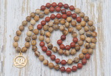 GMN6160 Knotted 8mm, 10mm picture jasper & red jasper 108 beads mala necklace with charm