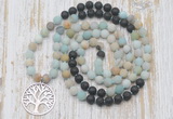 GMN6163 Knotted 8mm, 10mm matte amazonite & black lava 108 beads mala necklace with charm