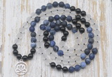 GMN6166 Knotted 8mm, 10mm matte sodalite, white crystal  & black agate 108 beads mala necklace with charm