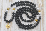 GMN6168 Knotted 8mm, 10mm black lava, matte white howlite & golden tiger eye 108 beads mala necklace with charm