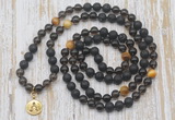 GMN6169 Knotted 8mm, 10mm black lava, smoky quartz & golden tiger eye 108 beads mala necklace with charm