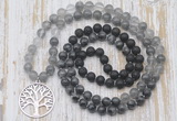 GMN6170 Knotted 8mm, 10mm black lava, black labradorite & cloudy quartz 108 beads mala necklace with charm