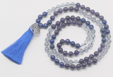 GMN6200 Knotted amethyst, white crystal & lapis lazuli 108 beads mala necklace with tassel & charm