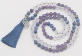 GMN6201 Knotted amethyst, white crystal & lapis lazuli 108 beads mala necklace with tassel & charm