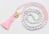 GMN6202 Knotted rose quartz & white howlite 108 beads mala necklace with tassel & charm