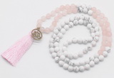 GMN6203 Knotted matte rose quartz & white howlite 108 beads mala necklace with tassel & charm