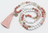 GMN6205 Knotted white howlite, cherry quartz & red jasper 108 beads mala necklace with tassel & charm