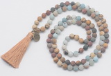 GMN6206 Knotted 8mm, 10mm matte mixed amazonite & jasper 108 beads mala necklace with tassel & charm