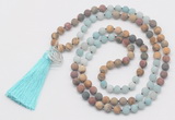 GMN6207 Knotted 8mm, 10mm matte amazonite & jasper 108 beads mala necklace with tassel & charm