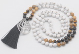 GMN6208 Knotted matte white howlite & mixed gemstone 108 beads mala necklace with tassel & charm