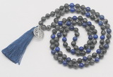 GMN6212 Knotted black labradorite & lapis lazuli 108 beads mala necklace with tassel & charm