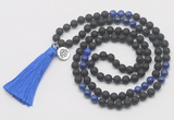 GMN6214 Knotted black lava & lapis lazuli 108 beads mala necklace with tassel & charm