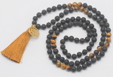 GMN6215 Knotted black lava & yellow tiger eye 108 beads mala necklace with tassel & charm