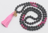 GMN6216 Knotted black lava & red tiger eye 108 beads mala necklace with tassel & charm