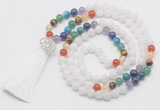 GMN6219 Knotted 7 Chakra white jade 108 beads mala necklace with tassel & charm