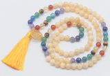 GMN6220 Knotted 7 Chakra honey jade 108 beads mala necklace with tassel & charm