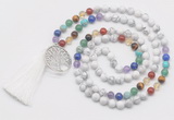 GMN6221 Knotted 7 Chakra white howlite 108 beads mala necklace with tassel & charm