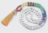 GMN6222 Knotted 7 Chakra white howlite 108 beads mala necklace with tassel & charm