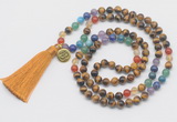 GMN6223 Knotted 7 Chakra yellow tiger eye 108 beads mala necklace with tassel & charm