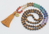 GMN6224 Knotted 7 Chakra 8mm, 10mm yellow tiger eye 108 beads mala necklace with tassel & charm