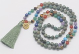 GMN6226 Knotted 7 Chakra African turquoise 108 beads mala necklace with tassel & charm