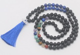 GMN6228 Knotted 7 Chakra black lava & lapis lazuli 108 beads mala necklace with tassel & charm