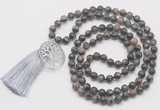 GMN6231 Knotted 8mm, 10mm grey opal 108 beads mala necklace with tassel & charm