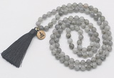 GMN6232 Knotted 8mm, 10mm labradorite 108 beads mala necklace with tassel & charm