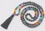 GMN6238 Knotted 7 Chakra 8mm, 10mm black labradorite 108 beads mala necklace with tassel