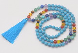 GMN6240 Knotted 7 Chakra 8mm, 10mm turquoise 108 beads mala necklace with tassel