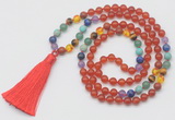 GMN6241 Knotted 7 Chakra 8mm, 10mm red agate 108 beads mala necklace with tassel