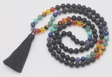 GMN6243 Knotted 7 Chakra 8mm, 10mm black lava 108 beads mala necklace with tassel