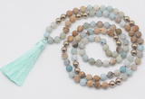 GMN6244 Knotted 8mm, 10mm matte amazonite & picture jasper 108 beads mala necklace with tassel