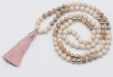 GMN6245 Knotted 8mm, 10mm white fossil jasper & picture jasper 108 beads mala necklace with tassel