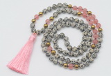 GMN6247 Knotted 8mm, 10mm dalmatian jasper & cherry quartz 108 beads mala necklace with tassel