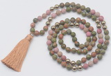 GMN6248 Knotted 8mm, 10mm matte unakite & pink wooden jasper 108 beads mala necklace with tassel