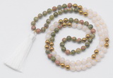 GMN6249 Knotted 8mm, 10mm unakite, white jade & hematite 108 beads mala necklace with tassel