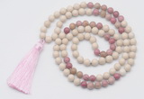 GMN6250 Knotted 8mm, 10mm white fossil jasper & pink wooden jasper 108 beads mala necklace with tassel